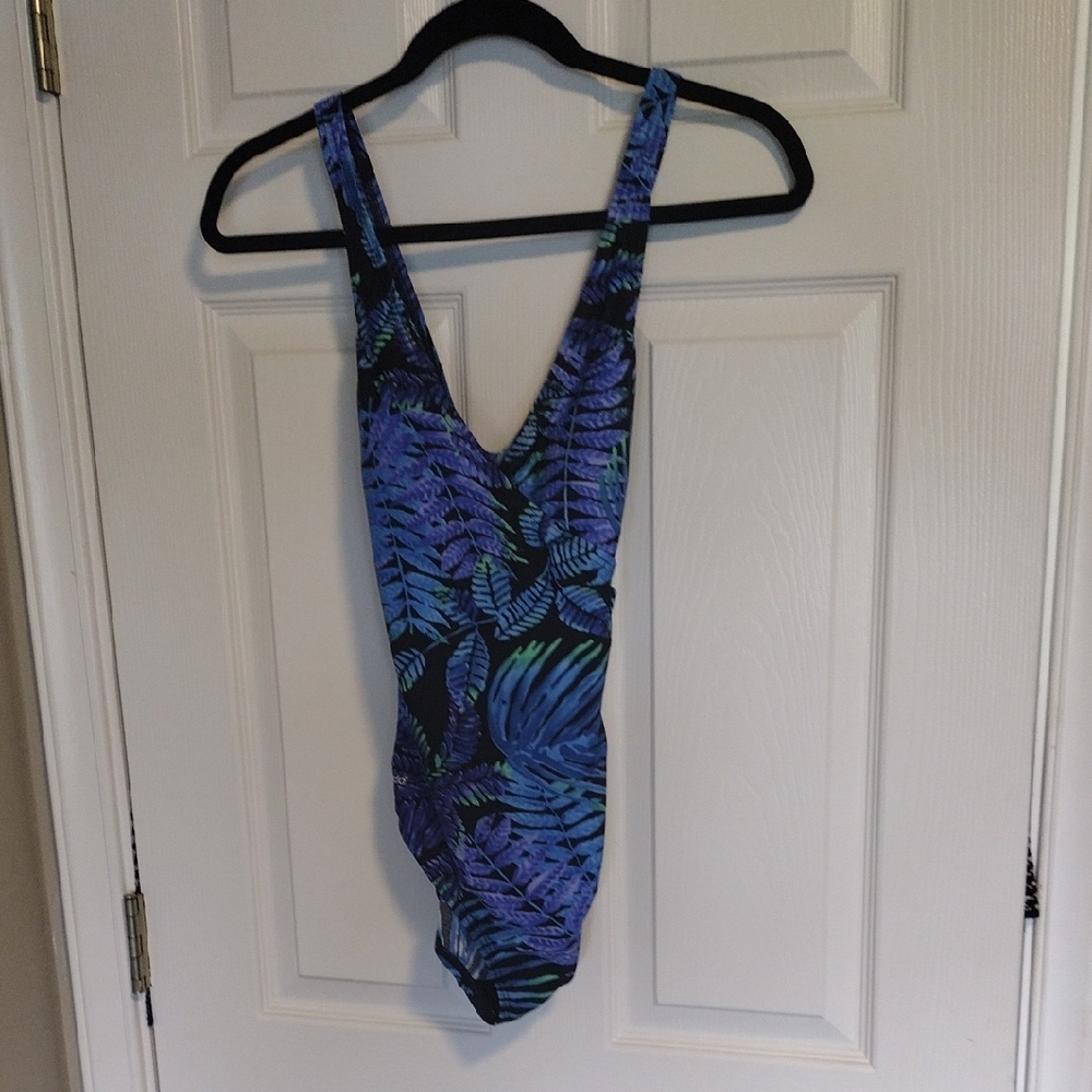 Speedo Blue and Green One Piece Swimsuit V-Neck Tropical Design